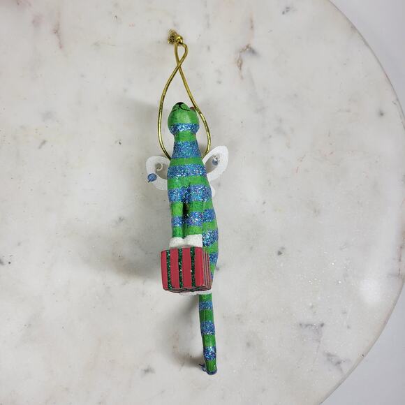 Vtg Cat Christmas Ornament 6.5" Green Glitter Striped Angel Wings Holiday Decor - Picture 2 of 15